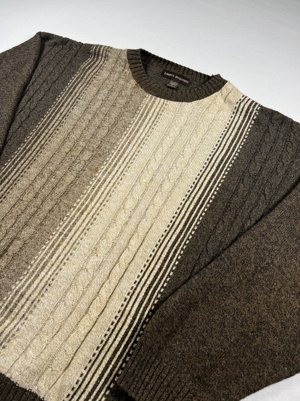 Vintage 90s Cable Tight Knit Brown Pullover Crewneck Sweater Men Size XL - Picture 2 of 8